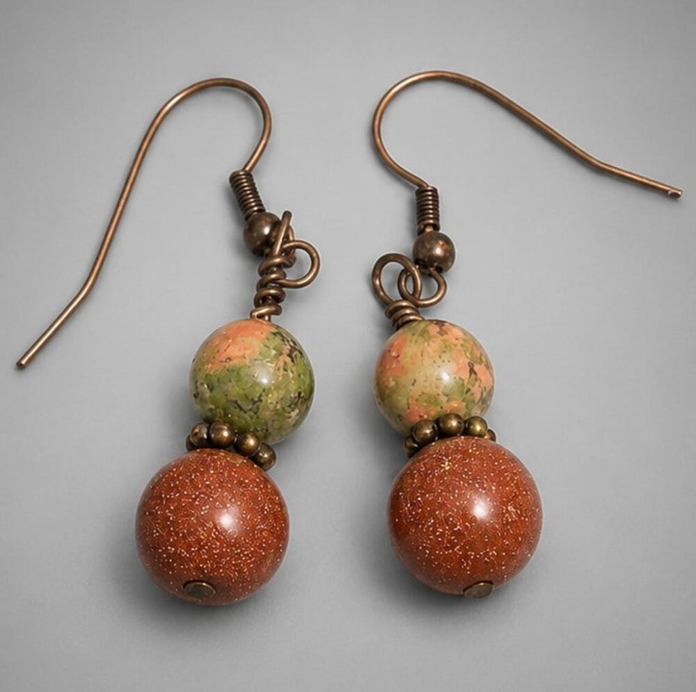 Vintage Copper & Green Dangle Pierced Earrings 1.75" Goldstone Unikite Drop rp62